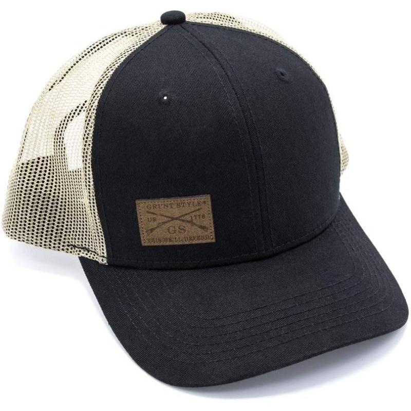 Grunt Style Hat – GS Logo Leather Patch Mesh Back Cap (Black, One Size ...